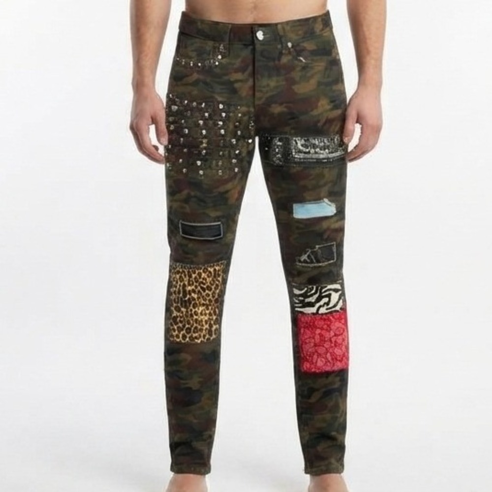 rue21 Slim Taper Pants Mens 32x30 Camo Patchwork Studded Streetwear Edgy